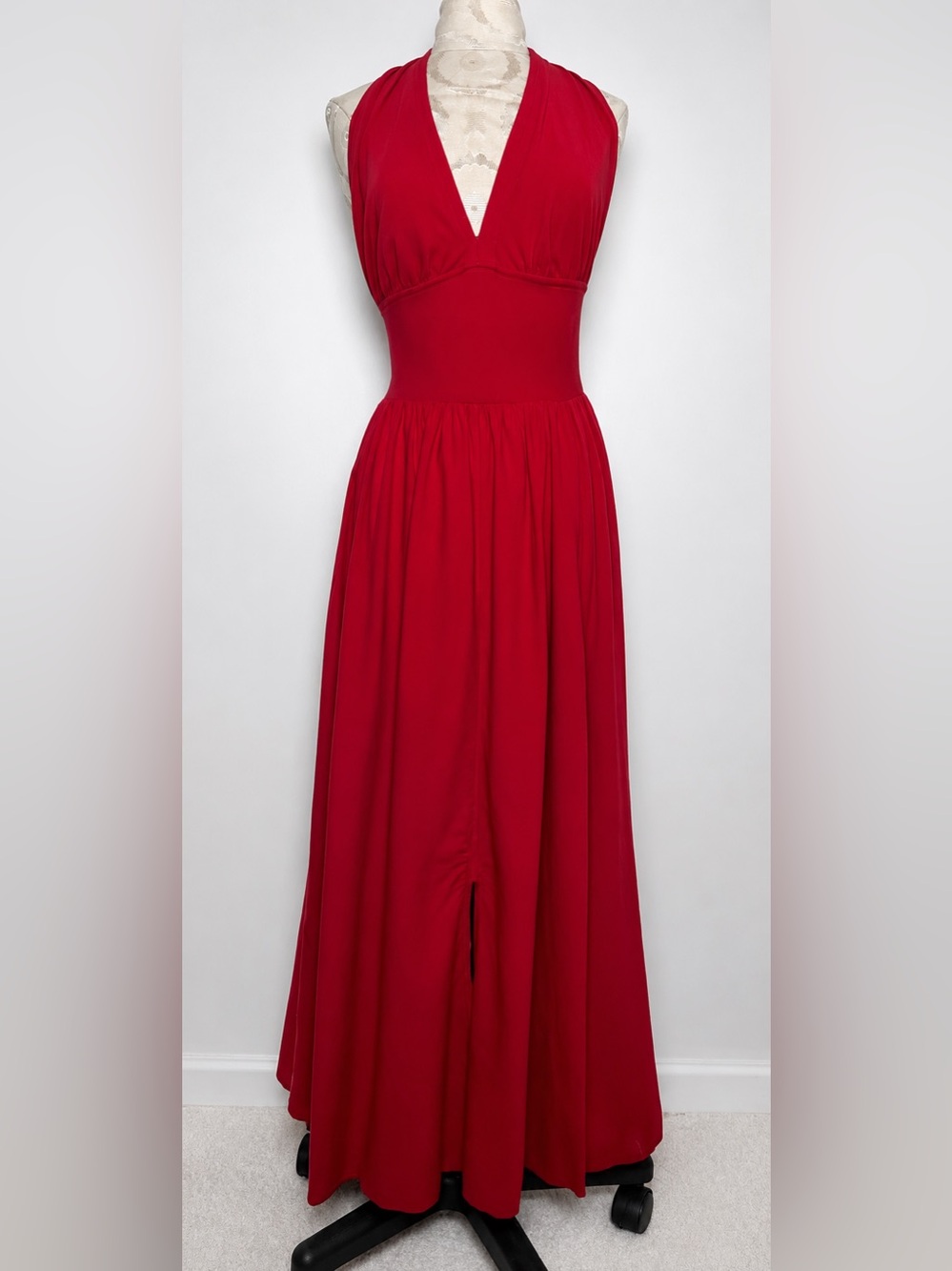 Vtg 70s Luna Luz Red Halter Maxi Dress Open Back Resort Goddess Vacation Glam